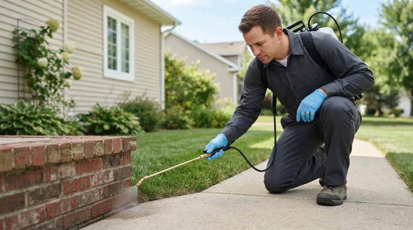 Pest control technician treating a home near Buxton, ME