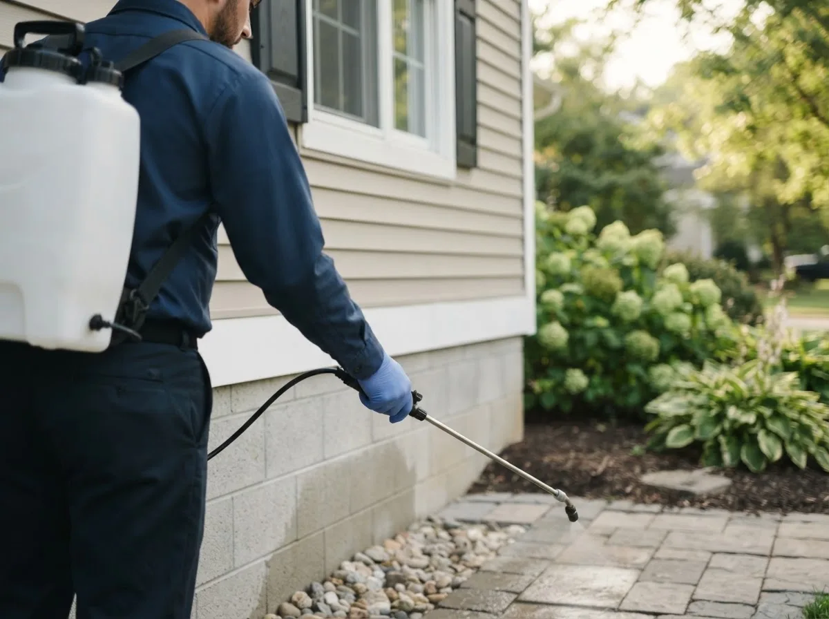 Pest control technician inspecting a home in Buxton, ME